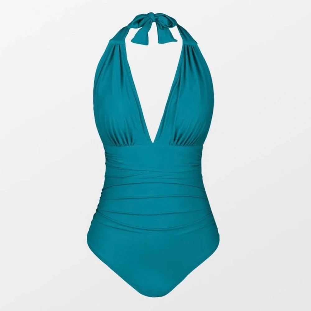 New CUPSHE Peacock Blue Ruched Halter Tummy
Control 1 Piece Swimsuit Maillot XL - Picture 4 of 6